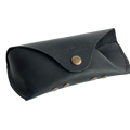 Soft Leather Eye Glasses Case in Black, angled view showing stitched edge and rivets