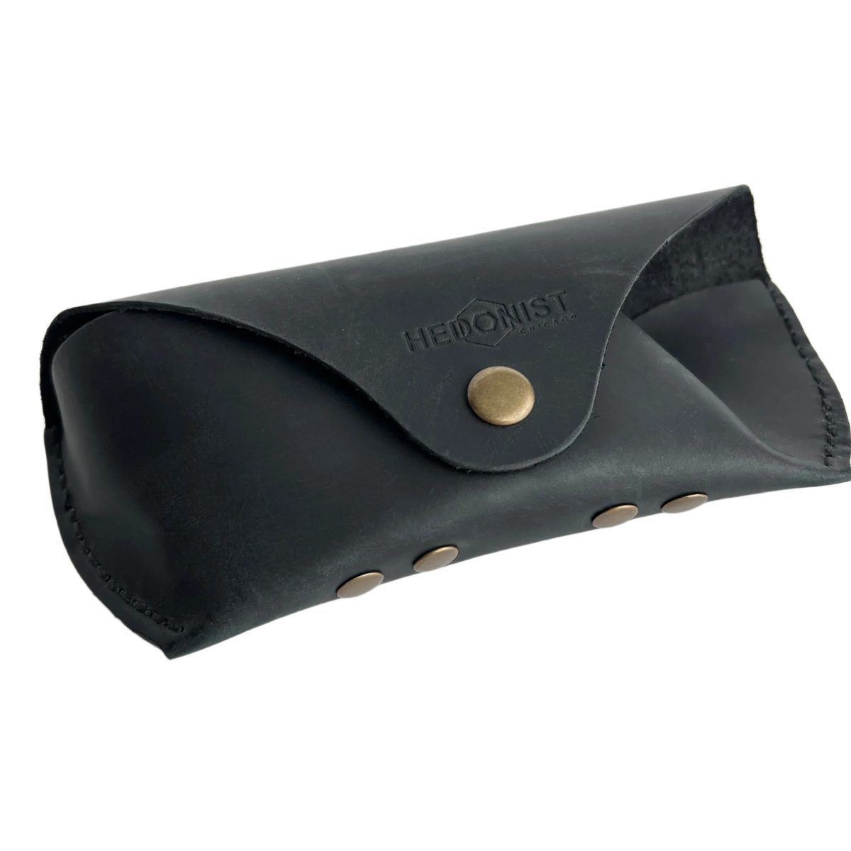 Soft Leather Eye Glasses Case in Black, angled view showing stitched edge and rivets