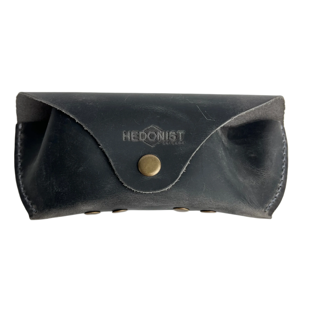 Soft Leather Eye Glasses Case in Black Washed, closed, front view showing weathered grain and embossed Hedonist logo