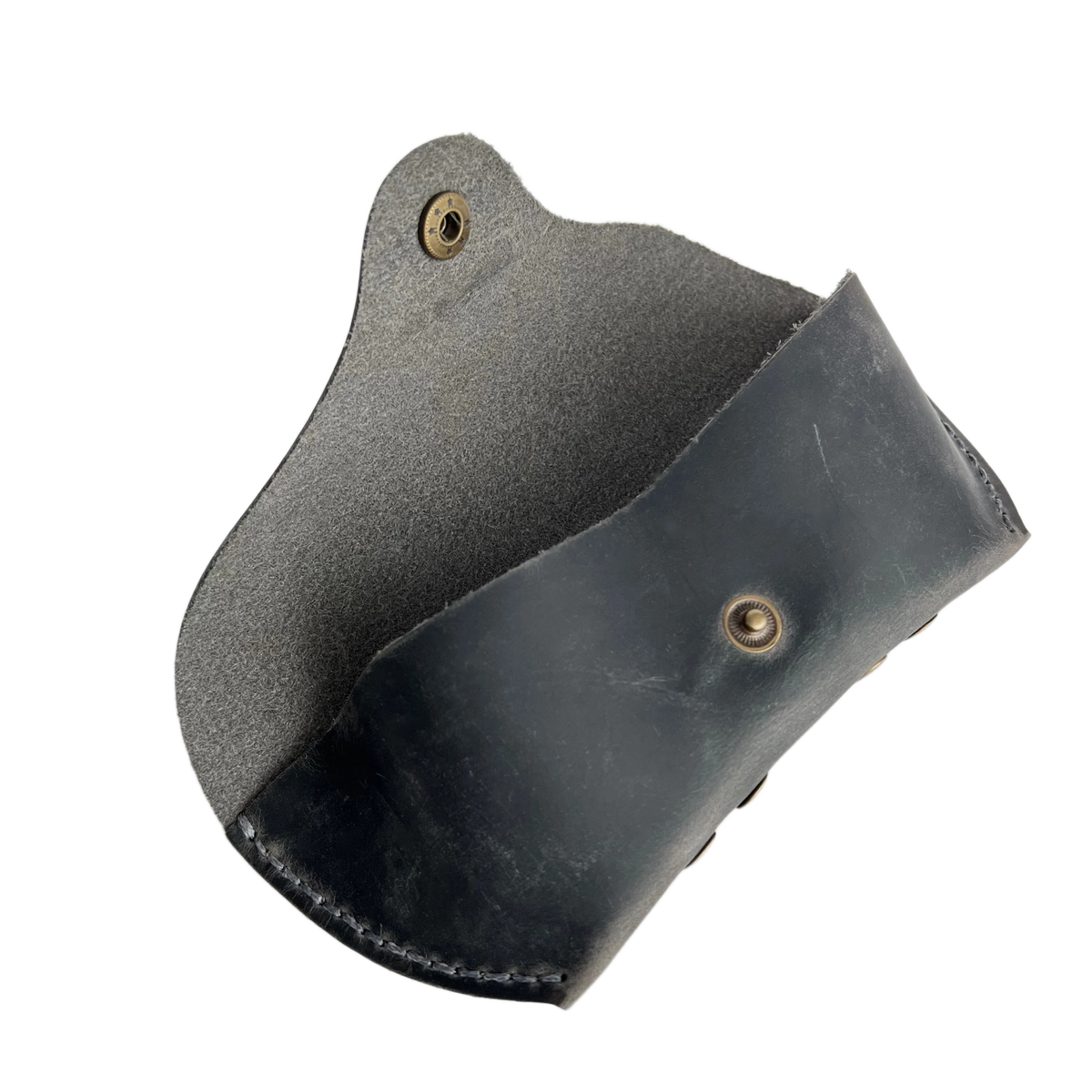 Soft Leather Eye Glasses Case in Black Washed, open, showing the suede-lined interior