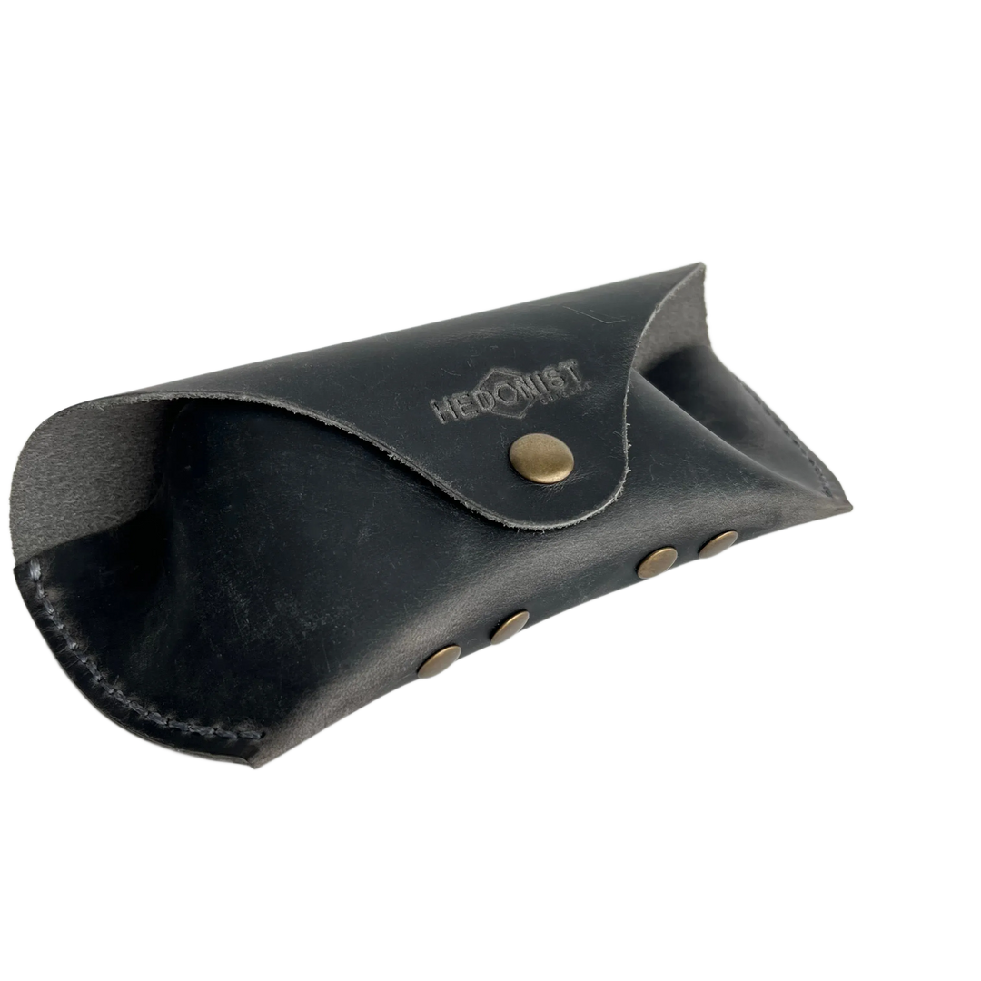 Soft Leather Eye Glasses Case in Black Washed, angled view showing stitched edge and rivets
