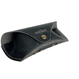 Soft Leather Eye Glasses Case in Black Washed, angled view showing stitched edge and rivets