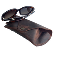 Soft Leather Eye Glasses Case in Brown with tortoiseshell sunglasses resting on top