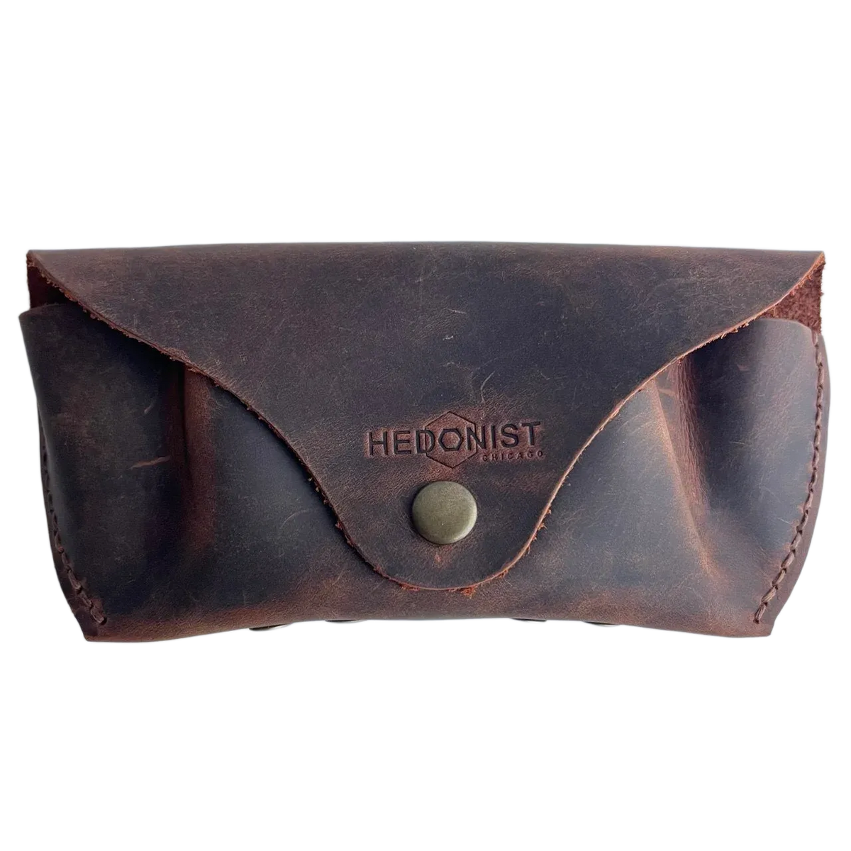 Soft Leather Eye Glasses Case in Brown, closed, front view with embossed Hedonist logo and snap closure