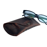Soft Leather Eye Glasses Case in Brown with tinted-lens eyeglasses resting on top