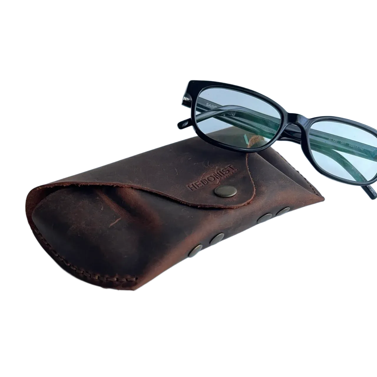 Soft Leather Eye Glasses Case in Brown with tinted-lens eyeglasses resting on top