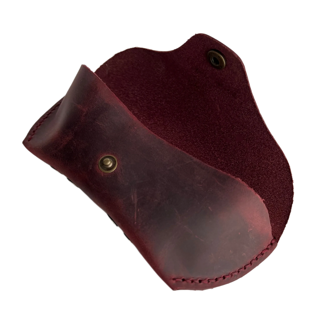 Soft Leather Eye Glasses Case in Burgundy, open, angled top view showing interior