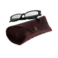 Soft Leather Eye Glasses Case in Burgundy with black-framed eyeglasses resting on top