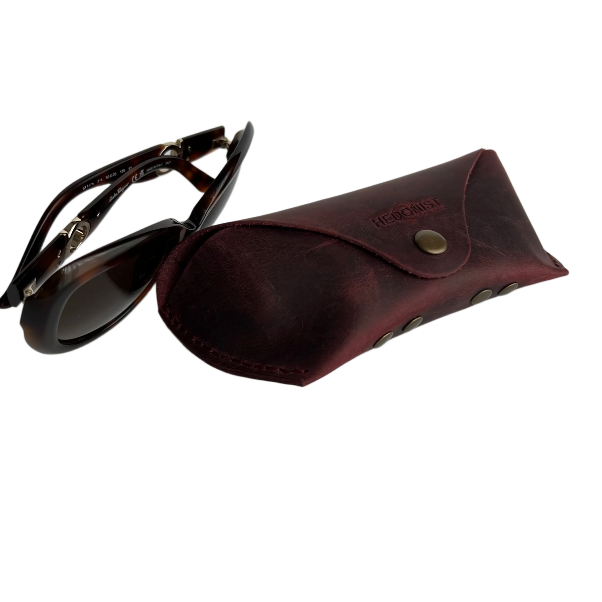 Soft Leather Eye Glasses Case in Burgundy with tortoiseshell sunglasses beside it