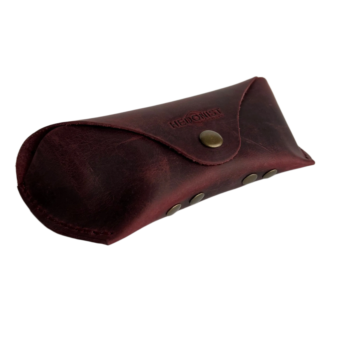 Soft Leather Eye Glasses Case in Burgundy, angled view showing stitched edge