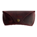 Soft Leather Eye Glasses Case in Burgundy, closed, front view with embossed Hedonist logo and snap closure