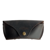 Soft Leather Eye Glasses Case in Dark Brown, closed, front view with embossed Hedonist logo and snap closure