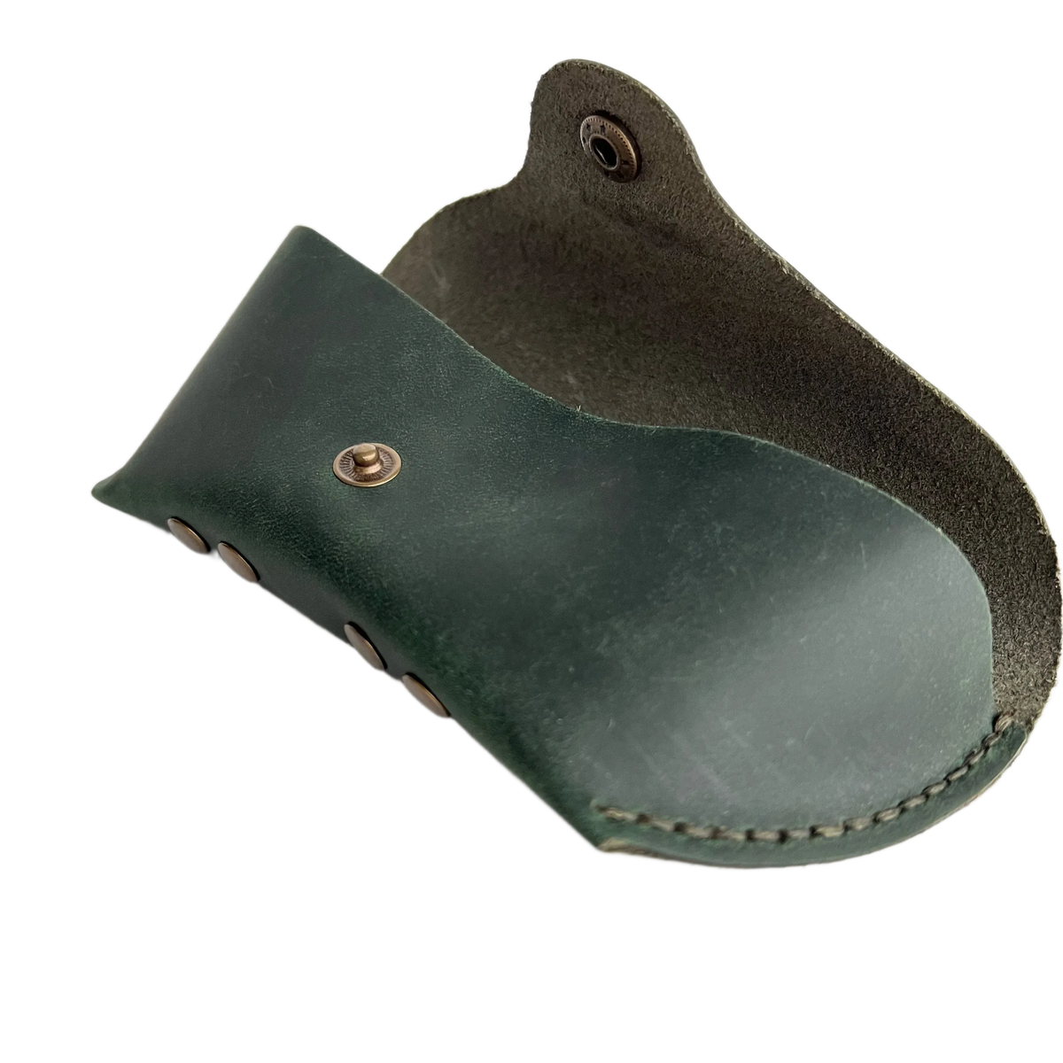 Soft Leather Eye Glasses Case in Dark Green, open, angled top view showing interior
