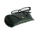 Soft Leather Eye Glasses Case in Dark Green with black-framed eyeglasses resting on top