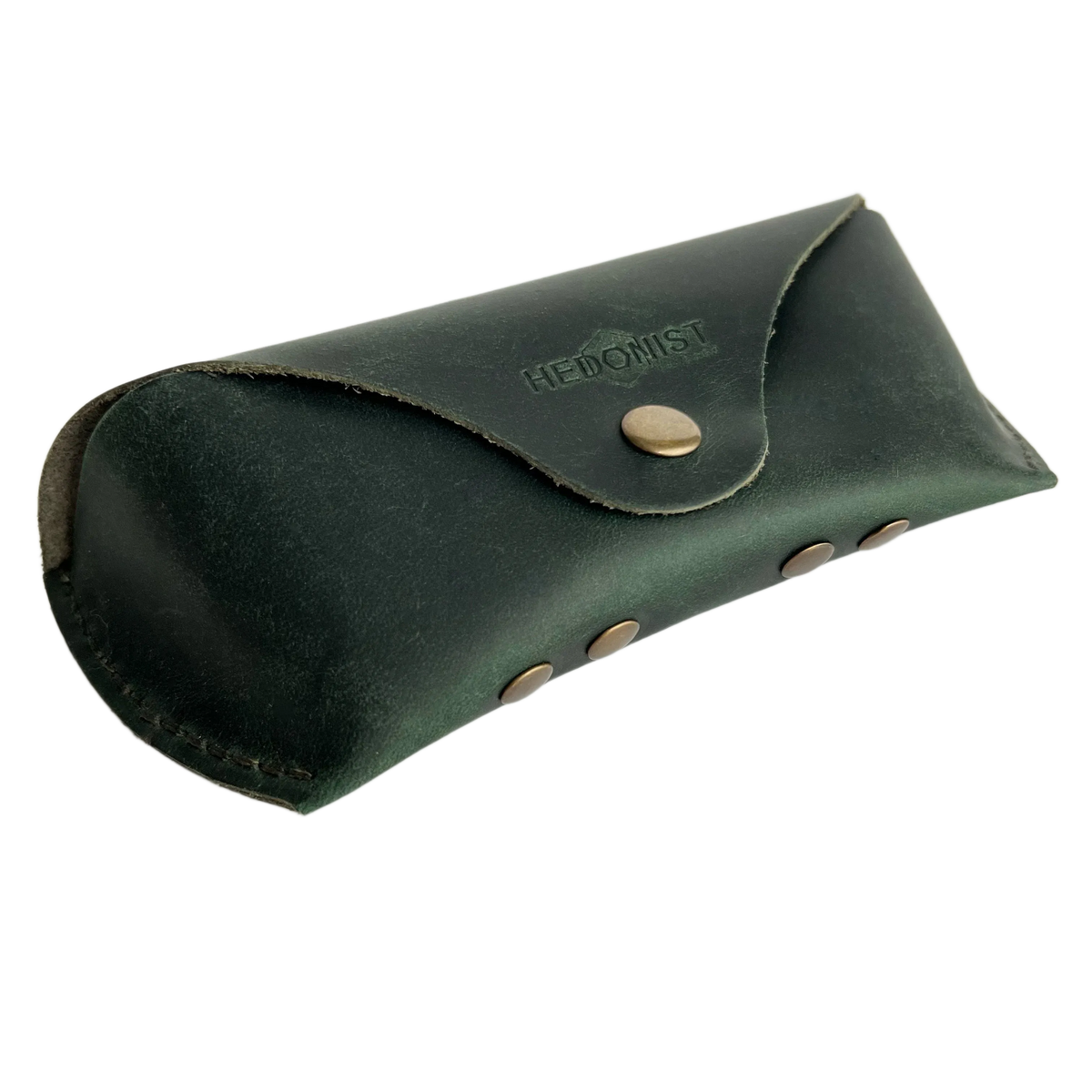 Soft Leather Eye Glasses Case in Dark Green, angled view showing stitched edge and rivets