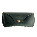 Soft Leather Eye Glasses Case in Dark Green, closed, front view with embossed Hedonist logo and snap closure