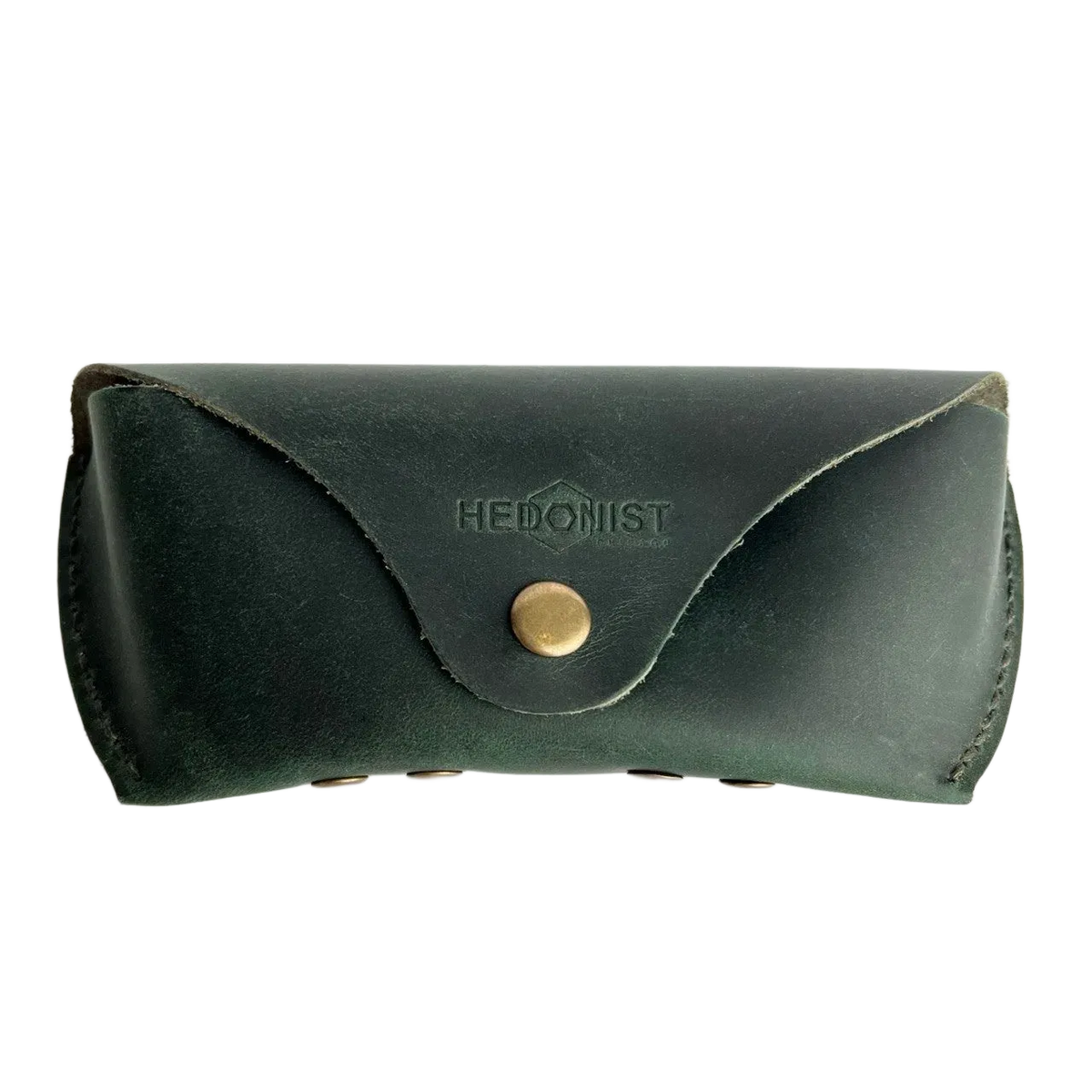 Soft Leather Eye Glasses Case in Dark Green, closed, front view with embossed Hedonist logo and snap closure