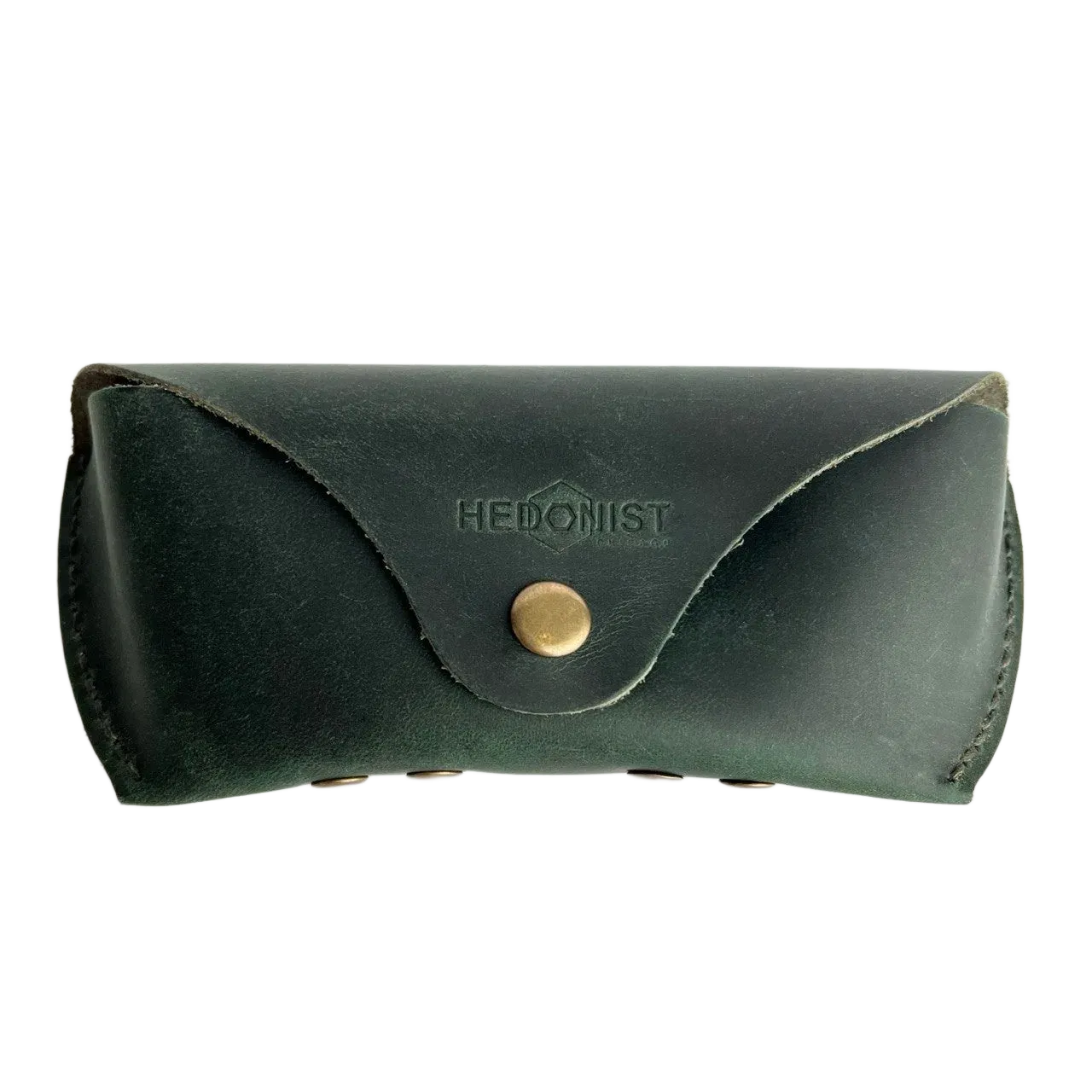 Soft Leather Eye Glasses Case in Dark Green, closed, front view with embossed Hedonist logo and snap closure