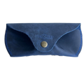 Soft Leather Eye Glasses Case in Navy Blue, closed, front view with embossed Hedonist logo and snap closure