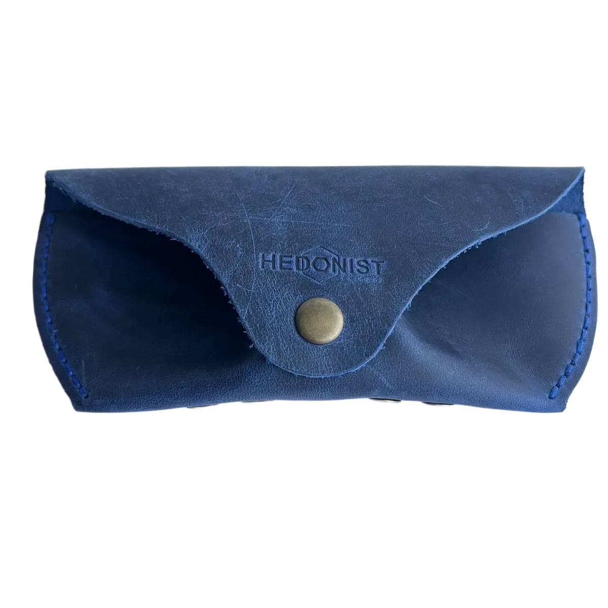 Soft Leather Eye Glasses Case in Navy Blue, closed, front view with embossed Hedonist logo and snap closure