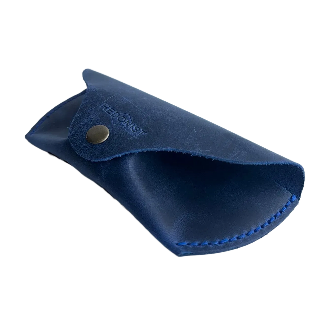 Soft Leather Eye Glasses Case in Navy Blue, angled view showing stitched edge