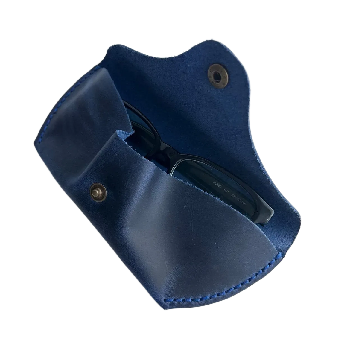 Soft Leather Eye Glasses Case in Navy Blue, open, with sunglasses tucked inside