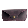 Soft Leather Eye Glasses Case in Plum, closed, front view with embossed Hedonist logo and snap closure