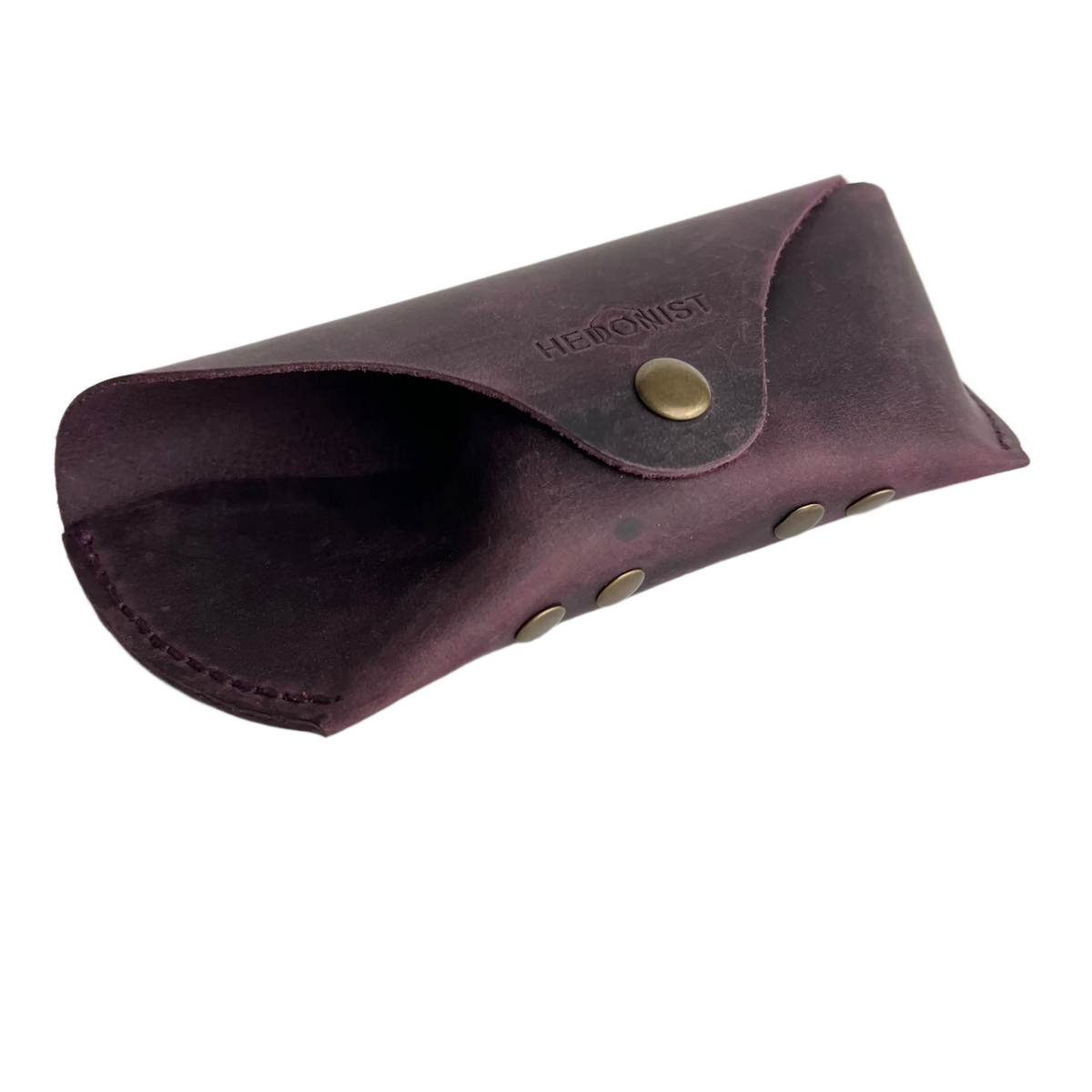 Soft Leather Eye Glasses Case in Plum, open, showing the interior