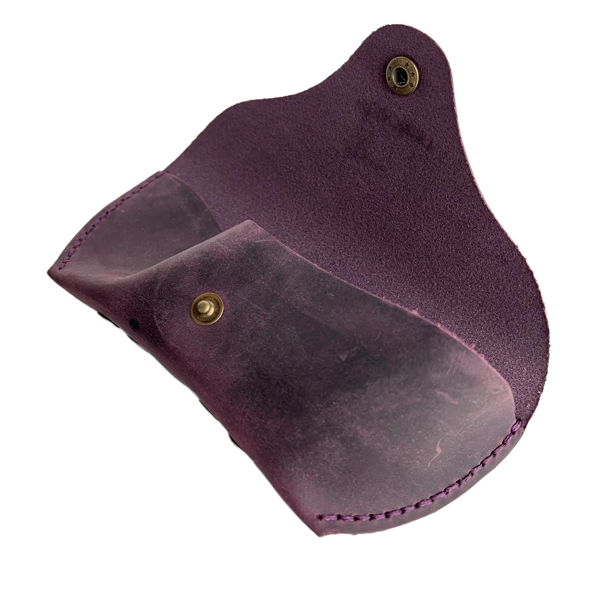 Soft Leather Eye Glasses Case in Plum, open, angled top view showing suede interior