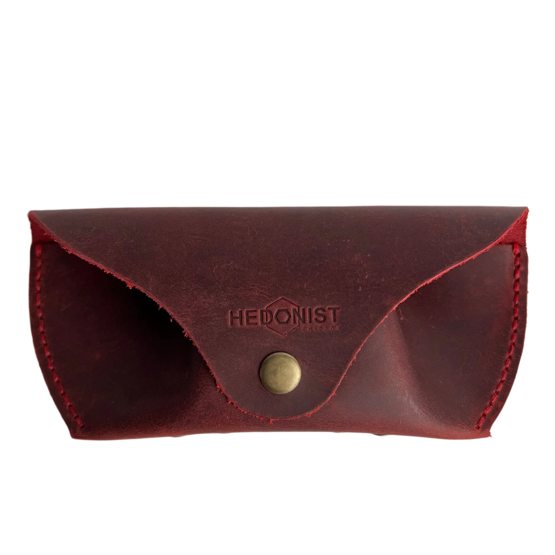 Soft Leather Eye Glasses Case in Red, closed, front view with embossed Hedonist logo and snap closure