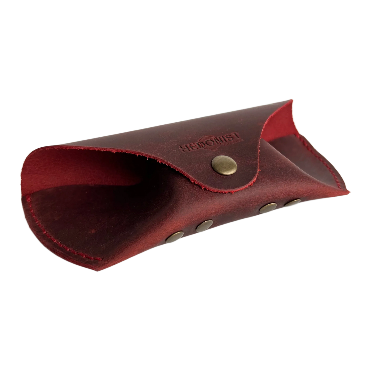 Soft Leather Eye Glasses Case in Red, open, showing the suede-lined interior