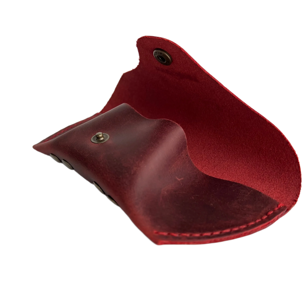 Soft Leather Eye Glasses Case in Red, open, angled view showing interior and side rivets