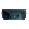 Soft Leather Eye Glasses Case in Teal, closed, front view with embossed Hedonist logo and snap closure
