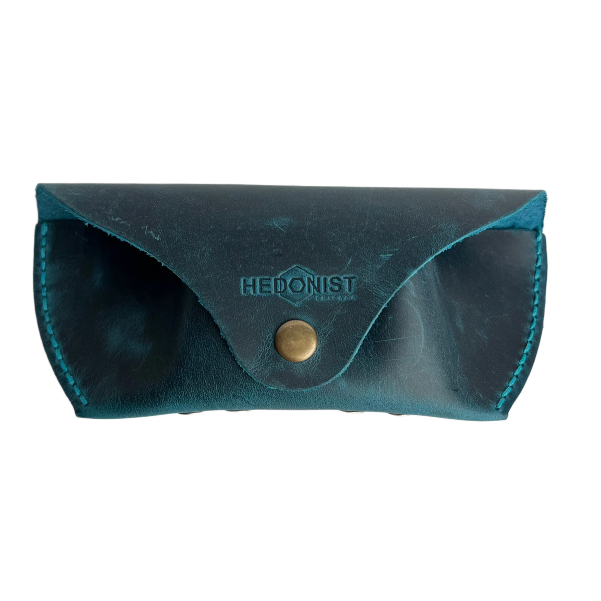 Soft Leather Eye Glasses Case in Teal, closed, front view with embossed Hedonist logo and snap closure