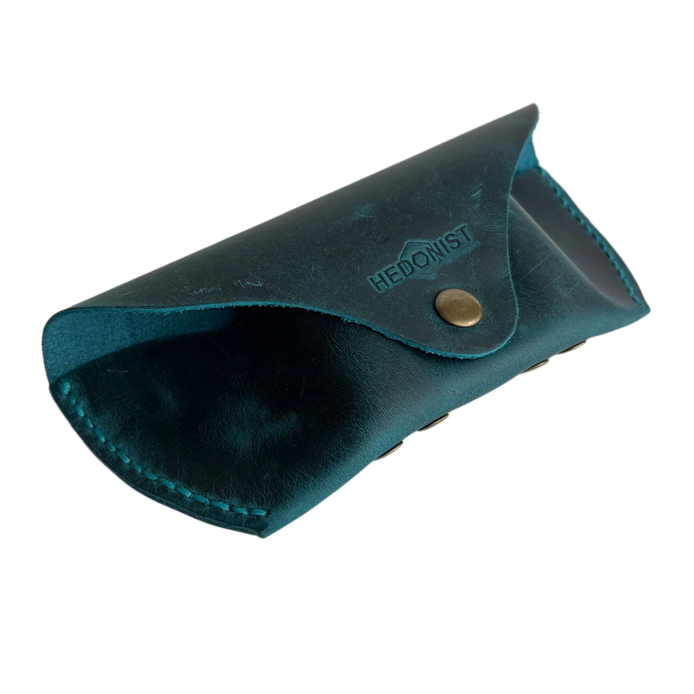 Soft Leather Eye Glasses Case in Teal, open, showing the interior
