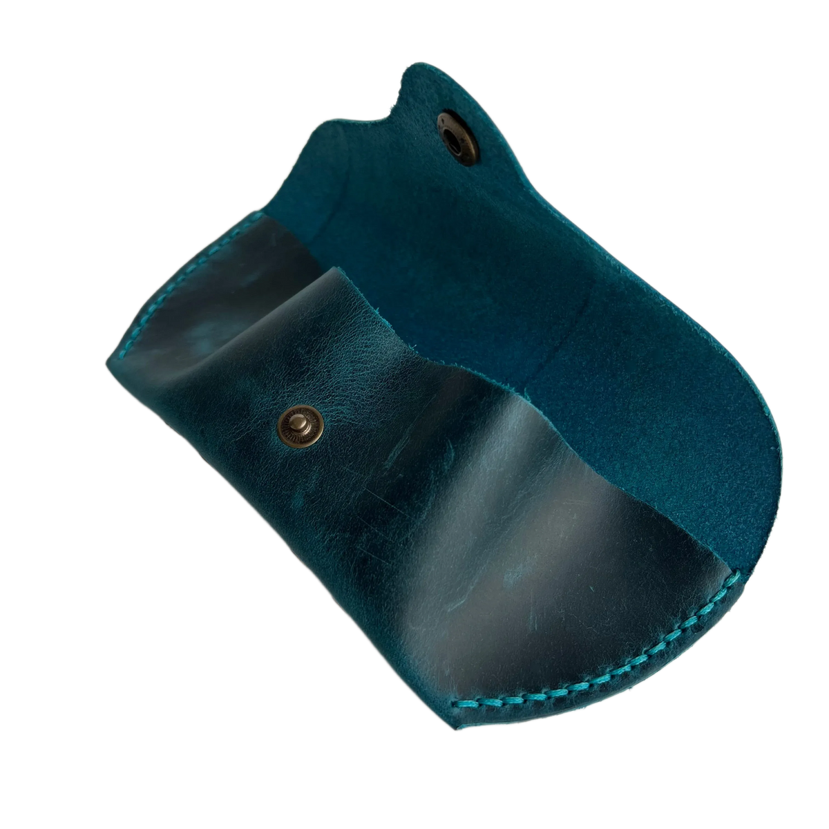 Soft Leather Eye Glasses Case in Teal, open, angled top view showing interior