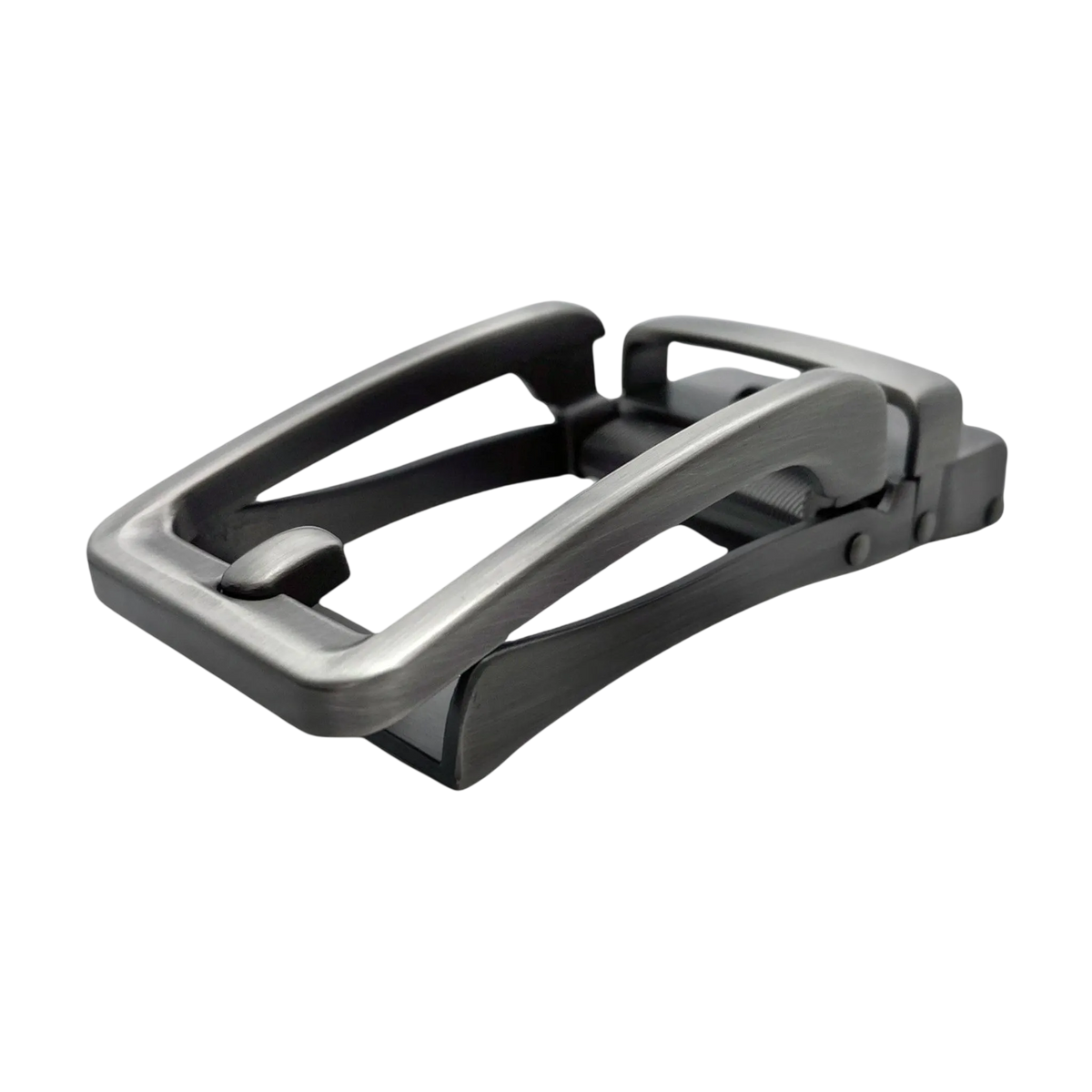 Frame washed metallic ratchet belt buckle, 1.38 inch, angled view