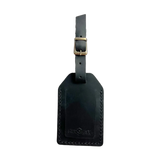Handmade Leather Luggage Tag in Black - closed front view with logo