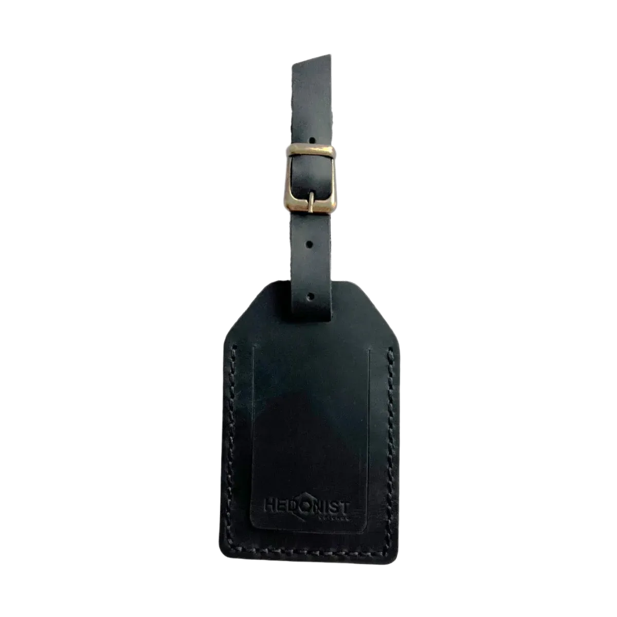 Handmade Leather Luggage Tag in Black - closed front view with logo