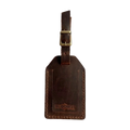 Handmade Leather Luggage Tag in Brown - closed front view with logo