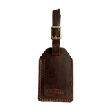 Handmade Leather Luggage Tag in Brown - closed front view with logo