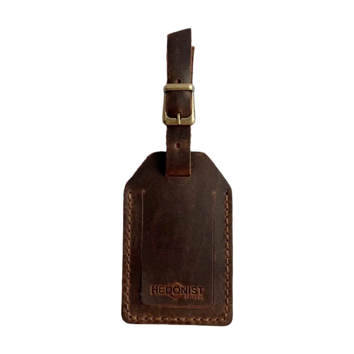 Handmade Leather Luggage Tag in Brown - closed front view with logo