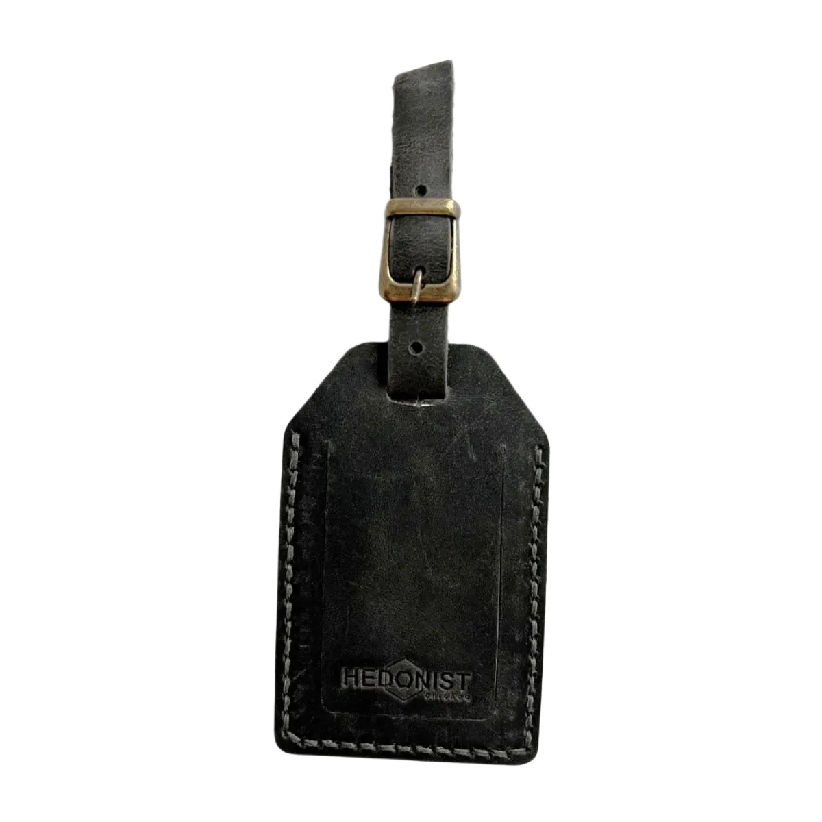 Handmade Leather Luggage Tag in Black Washed - closed front view with logo