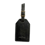 Handmade Leather Luggage Tag in Black Washed - closed front view with logo