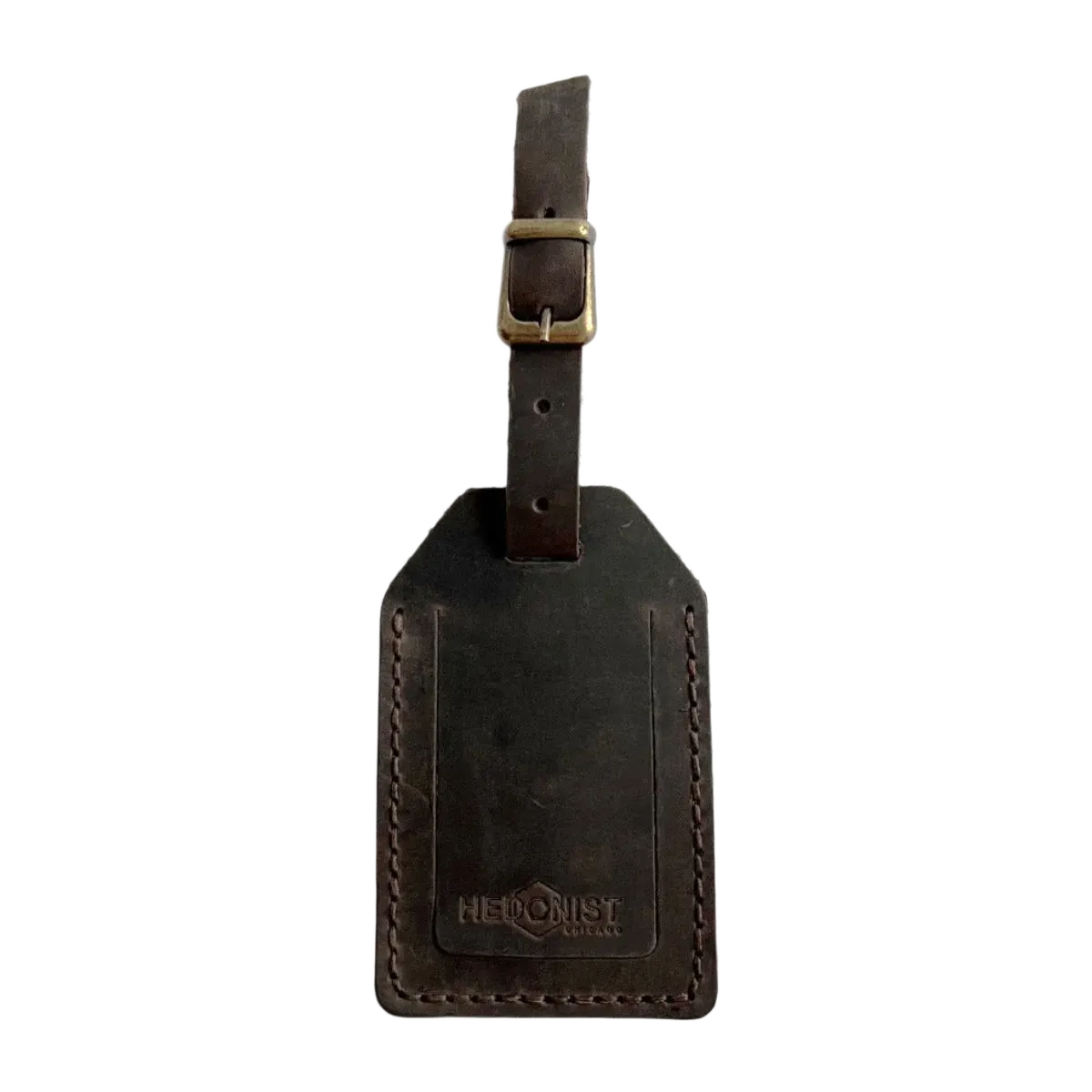 Handmade Leather Luggage Tag in Dark Brown - closed front view with logo
