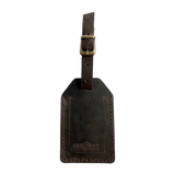 Handmade Leather Luggage Tag in Dark Brown - closed front view with logo