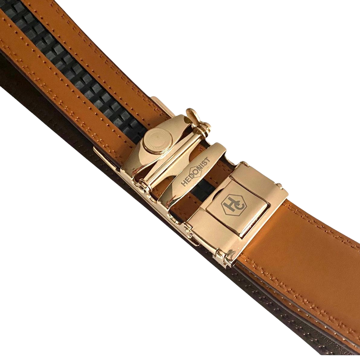 Gold and black saffiano-effect automatic belt buckle, 1.15 inch, buckle mechanism detail