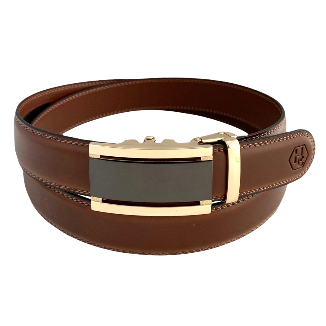 Gold and black saffiano-effect automatic belt buckle, 1.15 inch, front view