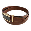 Gold and black saffiano-effect automatic belt buckle, 1.15 inch, hardware close-up