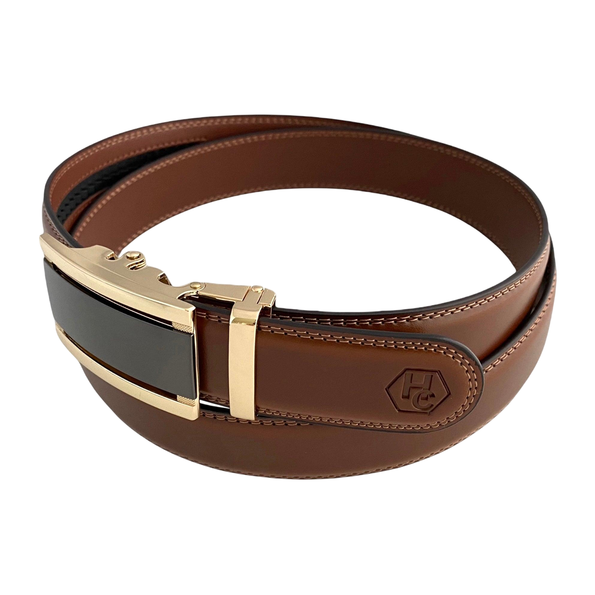 Gold and black saffiano-effect automatic belt buckle, 1.15 inch, hardware close-up